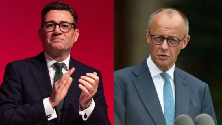 Andy Burnham clapping on the left and Friedrich Merz speaking on the right