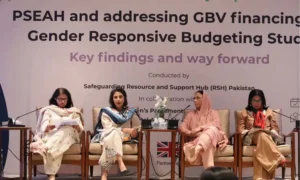 Four women seated at a panel discussion on gender-responsive budgeting in Pakistan