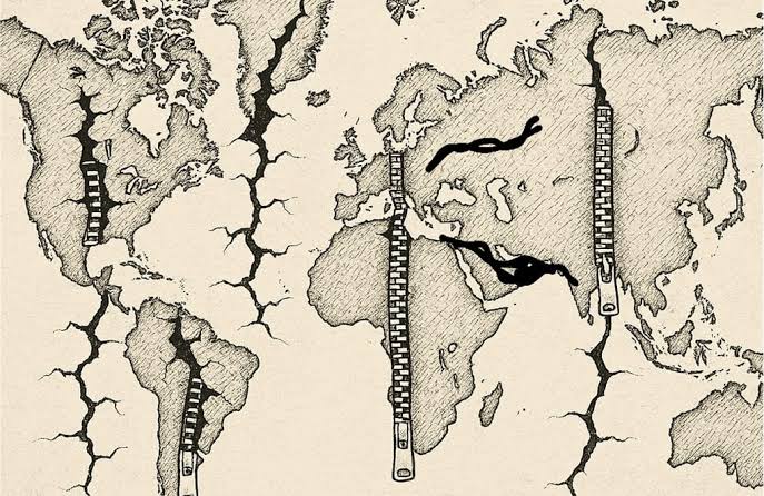 Stylized world map covered in deep cracks, with several fissures partially pulled together by zippers