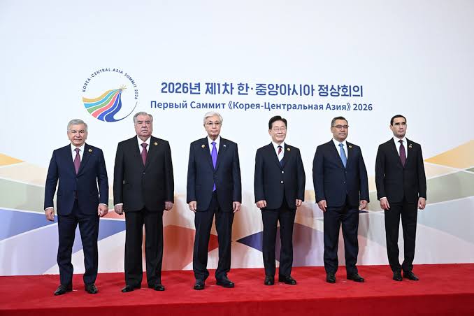 Six leaders standing together in front of the Korea-Central Asia Summit 2026 backdrop