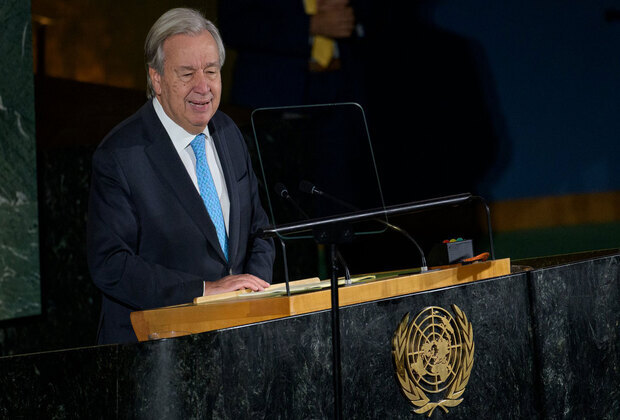 UN Secretary-General António Guterres speaking at the United Nations podium