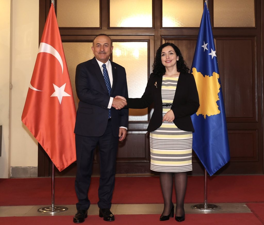 President of Kosovo Vjosa Osmani (R) welcomes Turkish Foreign Minister Mevlut Cavusoglu (L) in Pristina, Kosovo on June 19, 2022. (Photo by Fatih Aktas/Anadolu Agency via Getty Images)