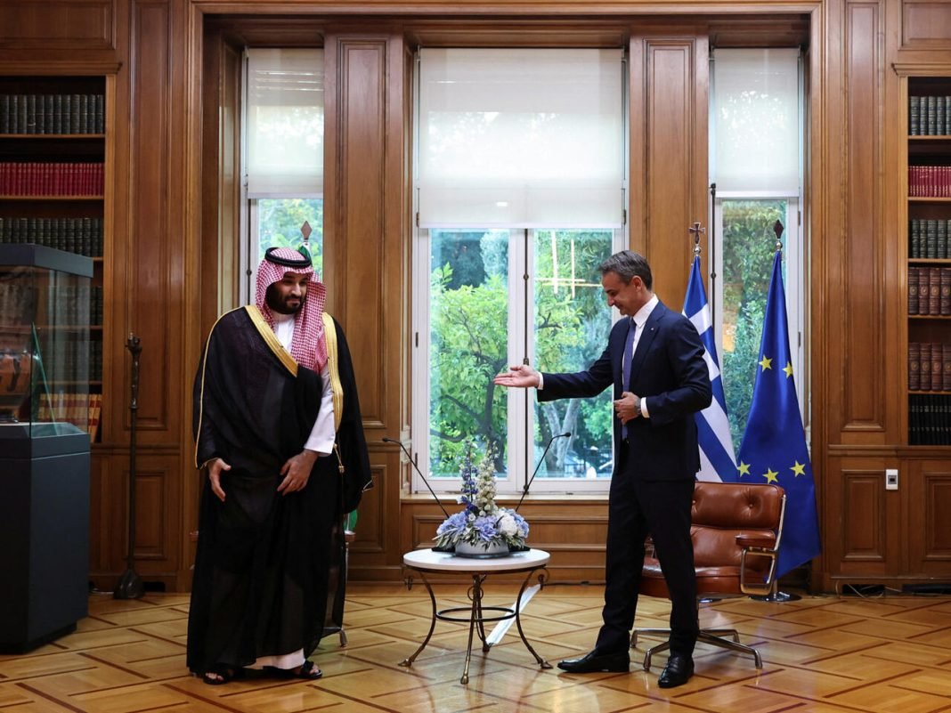 Greek Prime Minister Kyriakos Mitsotakis with Saudi Crown Prince Mohammed bin Salman