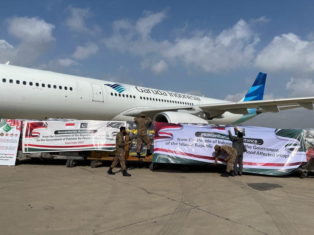 Two chartered national Garuda planes carried the 90-ton humanitarian relief shipment