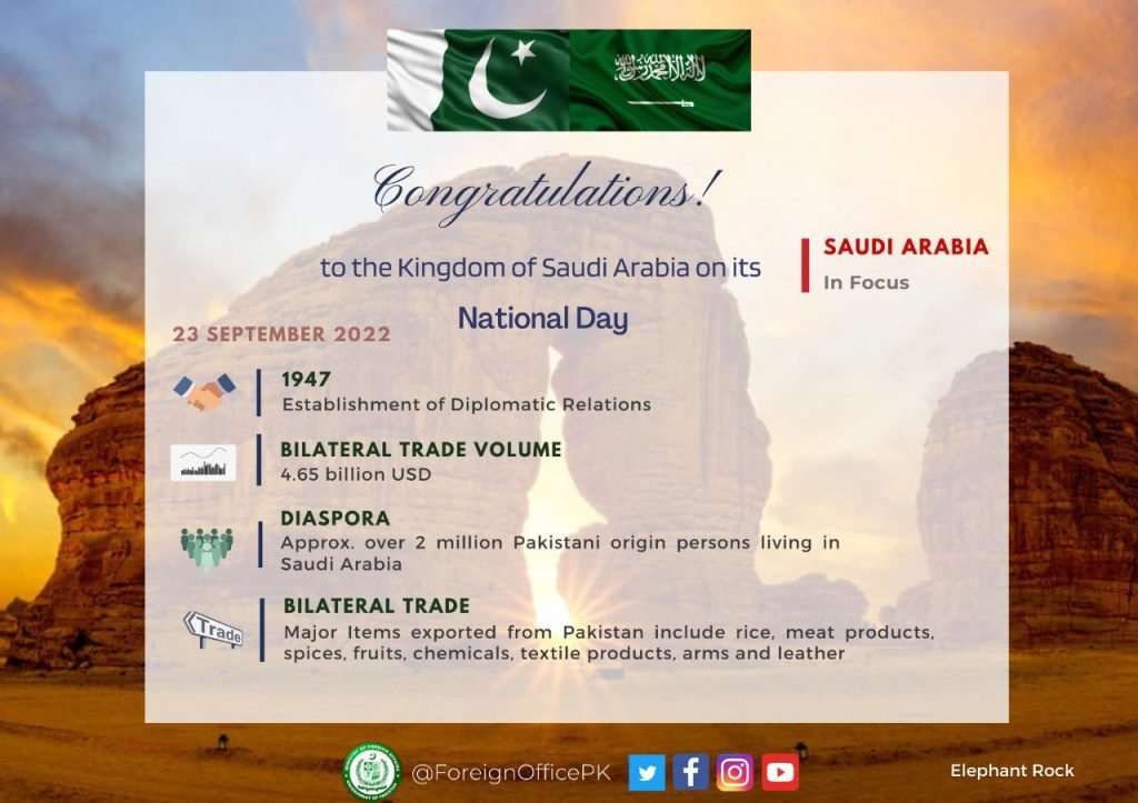 Pakistan congratulates Saudi Arabia on National Day