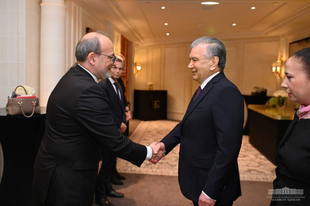 President of Uzbekistan shaking hands with AFD's CEO Remy Rioux.