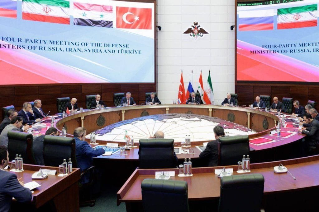 Russian Defense Minister Sergei Shoigu, at Moscow, discussing regional security issues with the defense ministers of Syria, Iran and Turkey.