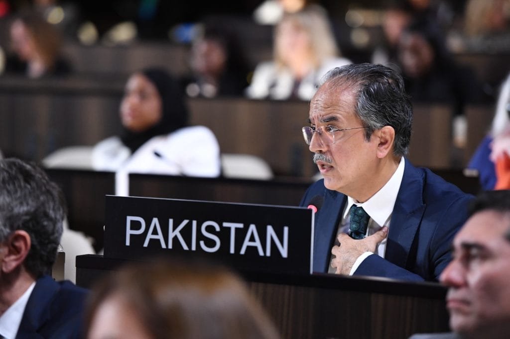 Ambassador and Permanent Delegate of Pakistan Asim Iftikhar Ahmad addresses the 216 session of UNESCO held in Paris.
