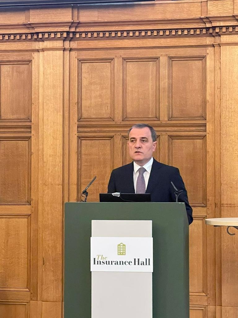 Azerbaijani Foreign Minister delivering speech at the Caspian Connectivity Conference in London.