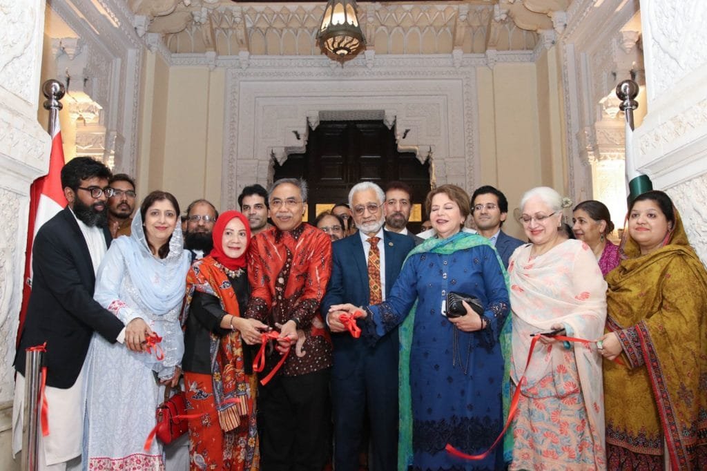 Visitors exploring the exhibition showcasing the ancient heritage and cultural confluence between Indonesia and Pakistan at Lahore Museum.