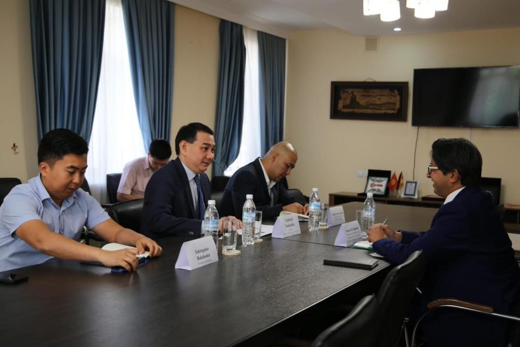 Ambassador Hassan Ali Zaigam and Umbriel Temiraliev, Director of National Investment Agency of Kyrgyzstan, during their meeting to enhance trade links and promote investments between the two countries.