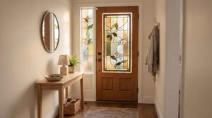 Wooden front door with floral stained glass panel and matching sidelight in a bright entryway