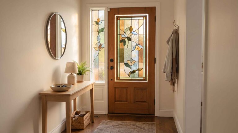 Wooden front door with floral stained glass panel and matching sidelight in a bright entryway