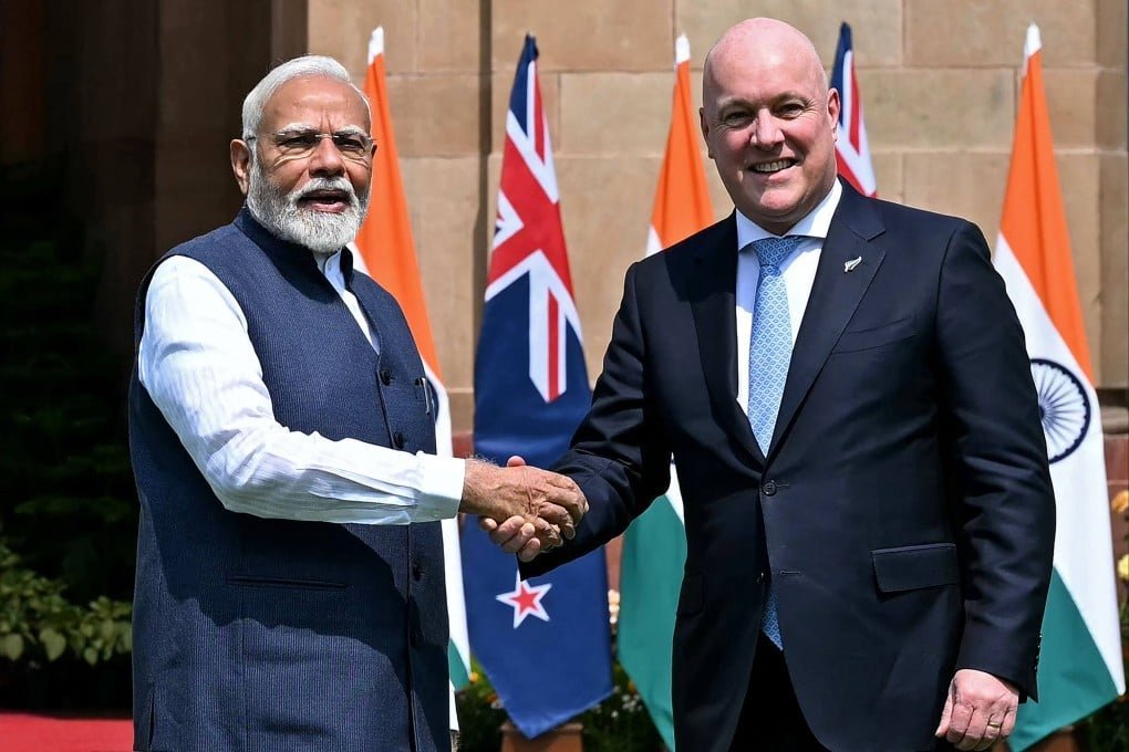 Indian Prime Minister Narendra Modi greets visiting New Zealand Prime Minister Christopher Luxon in New Delhi, India, March, 2025.