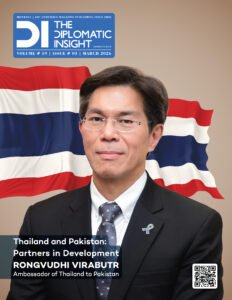 Magazine cover of The Diplomatic Insight (Volume 19, Issue 03, March 2026) featuring a portrait of Thailand’s Ambassador to Pakistan, Rongvudhi Virabutr, in a suit and tie with the Thai flag in the background. Headline reads “Thailand and Pakistan: Partners in Development,” with a QR code at the bottom right.