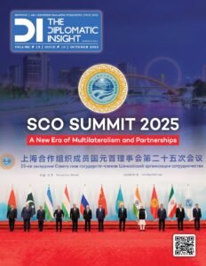 Cover of The Diplomatic Insight magazine, October 2025 issue, featuring the headline “SCO Summit 2025: A New Era of Multilateralism and Partnerships.” The image shows leaders from member states of the Shanghai Cooperation Organization standing before their national flags on a red carpet at the summit in Tianjin, China. The background includes the SCO emblem and text in Chinese, Russian, and English.