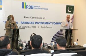 Speakers at podiums during a Rwanda