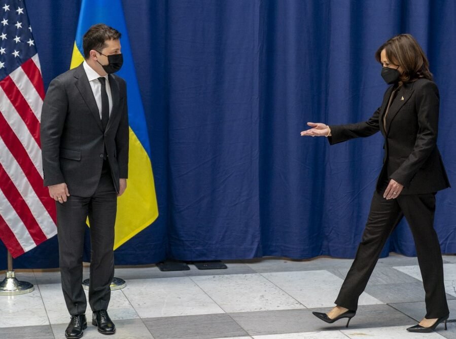 US Vice President Kamala Harris (R) and Ukrainian President Volodymyr Zelensky arrive for photos before meeting together at the Munich Security Conference (MSC) in Munich, southern Germany, on February 17, 2024. - During the 60th Munich Security Conference.