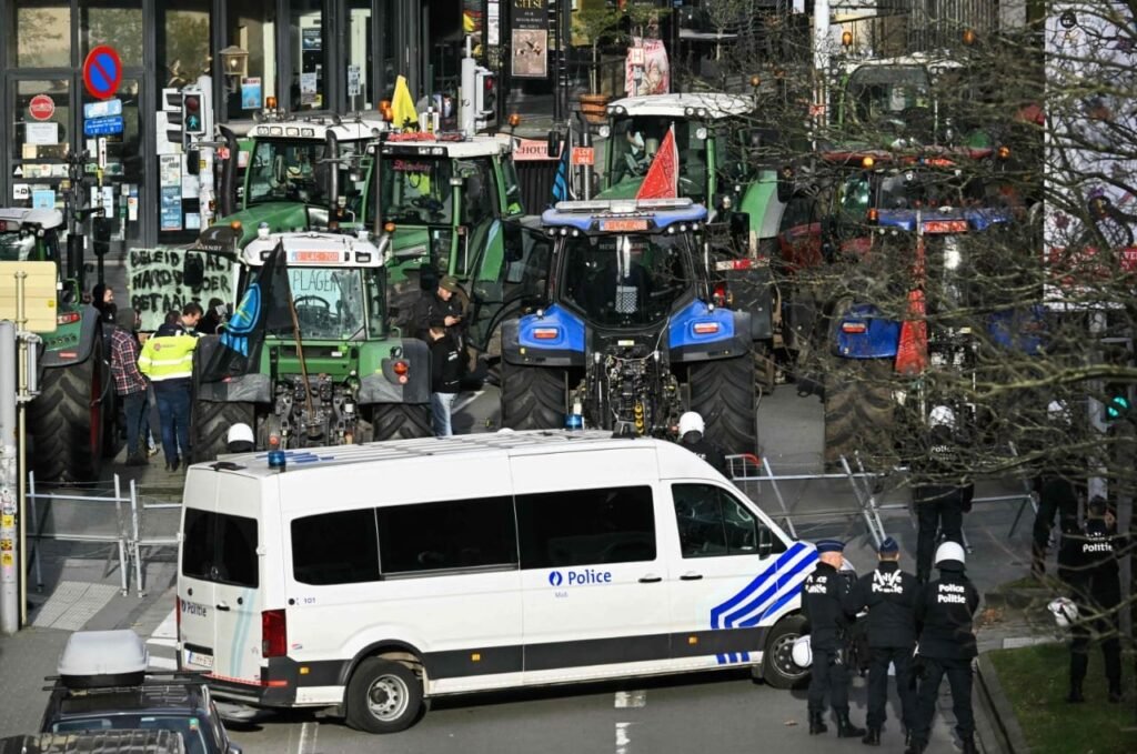 Tractors parked near the European Parliament during farmers protest in Brussels,18 December, 2025