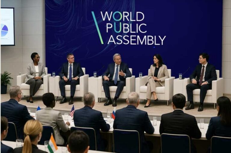 Five panelists speak on stage at the World Public Assembly in front of a seated audience