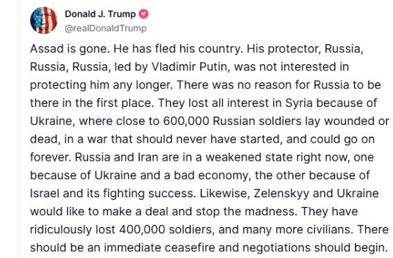 Trump Says Russia Abandoned Syria's Assad
