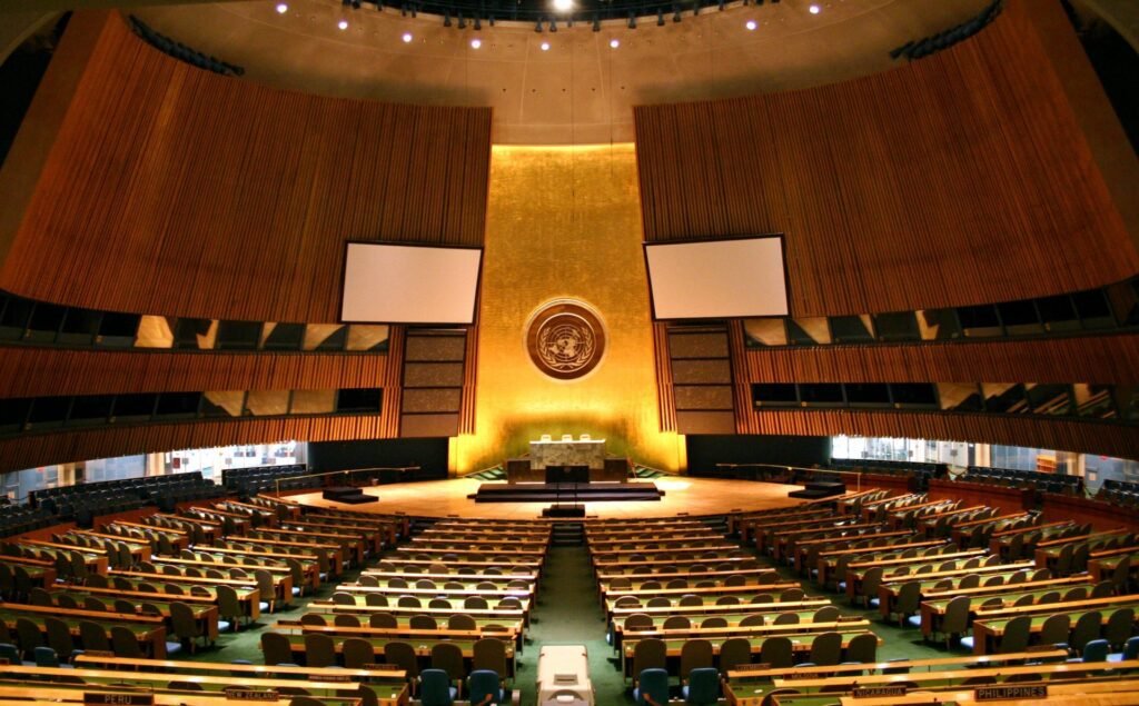The interior of the United Nations General Assembly (UNGA) hall during a session.