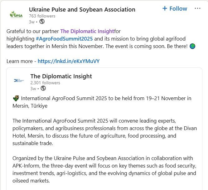 Ukraine Pulse and Soybean Association Acknowledges The Diplomatic Insight for Highlighting the AgroFood Summit 2025