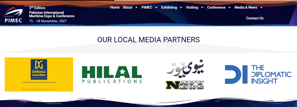 Image showing the “Our Local Media Partners” section of the Pakistan International Maritime Expo & Conference website for its 3rd edition in November 2027. Four media outlet logos are displayed in a row: Defense Guardian International on a yellow background, Hilal Publications in green, Navy News with its Urdu title above, and The Diplomatic Insight in blue. The section appears beneath the event’s header banner.