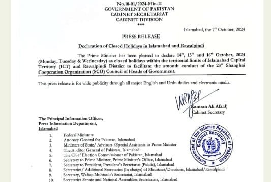 public holiday in Islamabad due to SCO summit