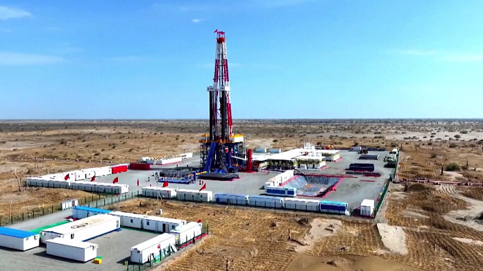 The drilling of the well, Shendi Take-1, in operation in northwest China's Xinjiang Uygur Autonomous Region, October 26, 2023